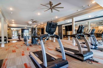 a gym with cardio equipment and a ceiling fan at Century New Holland, Gainesville, Georgia